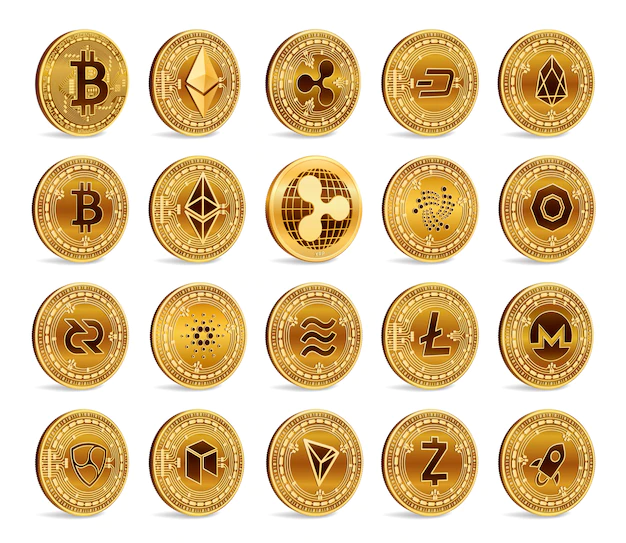 Free Vector | Cryptocurrency 3d golden coins set. bitcoin, ripple, ethereum, litecoin, monero and other.
