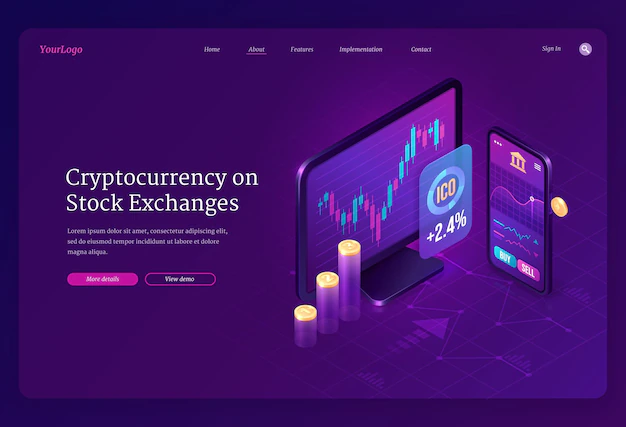 Free Vector | Cryptocurrency exchange market isometric landing page. digital money mining, computer and smartphone screen with trading chart