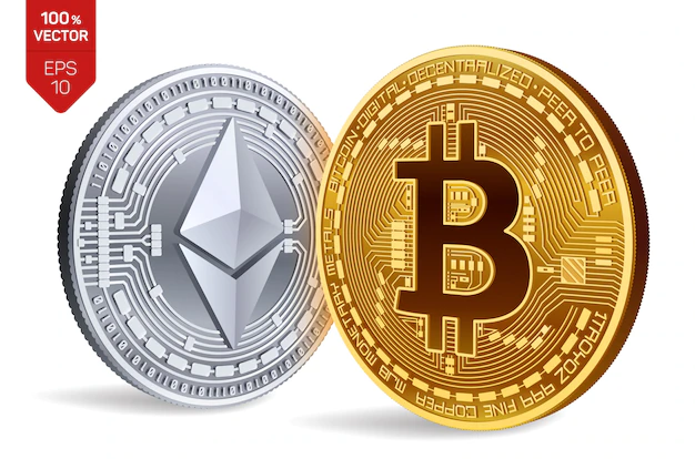 Free Vector | Cryptocurrency golden and silver coins with bitcoin and ethereum symbol isolated on white background.