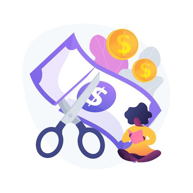 Free Vector | Cut price. bargain offering. reduced cost. discount, low rate, special promo. scissors dividing banknote. crisis and bankruptcy. cheapness in market. vector isolated concept metaphor illustration.