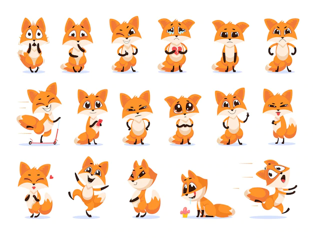 Free Vector | Cute funny emotional fox set. cartoon illustration