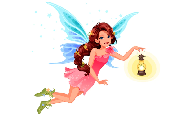 Free Vector | Cute little fairy with beautiful long braided hairstyle holding a lantern
