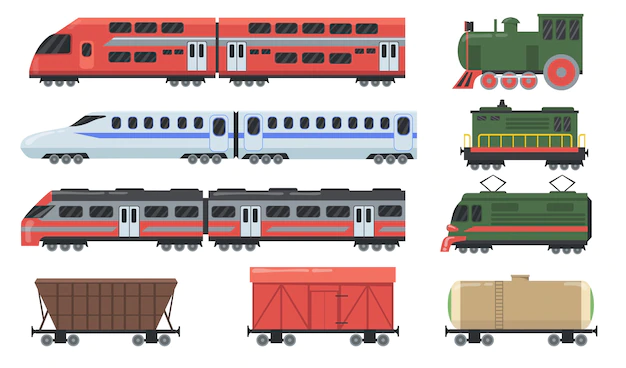Free Vector | Different trains set. locomotive, passenger carriage, freight wagon, tank car, commuter rail. vector illustrations for travel, commuting, cargo, railway transport concept