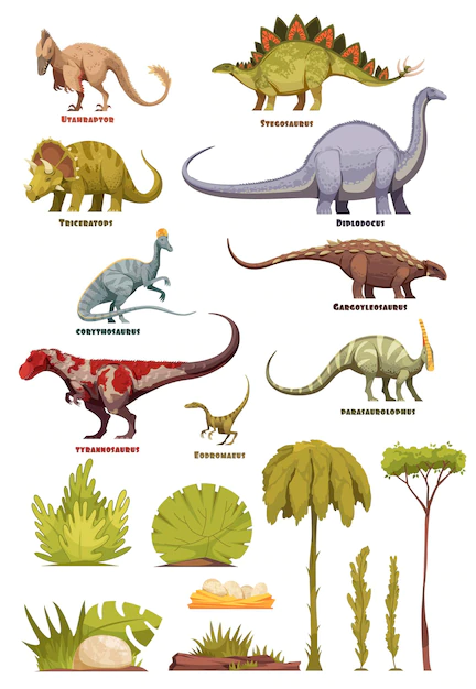 Free Vector | Different types of dinosaurs in cartoon style with name of class and flora landscape elements isolated illustration