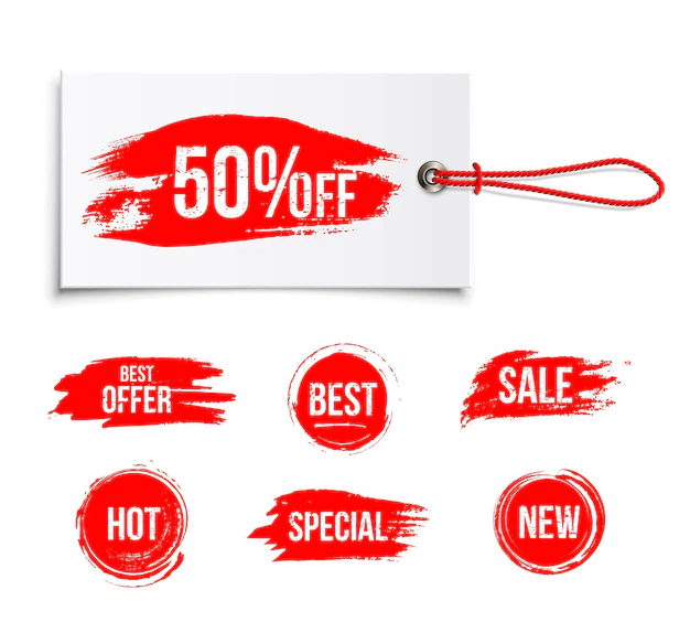 Free Vector | Discount offer label tag with percentage sign sale best offer hot special new messages on red rubber stamps set