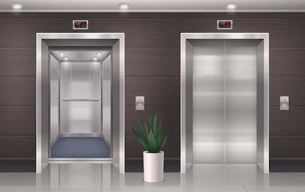 Free Vector | Elevator door realistic composition with elevator hall doors front view with side post and home plant illustration