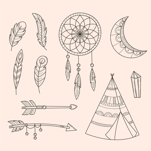 Free Vector | Engraving hand drawn boho element set