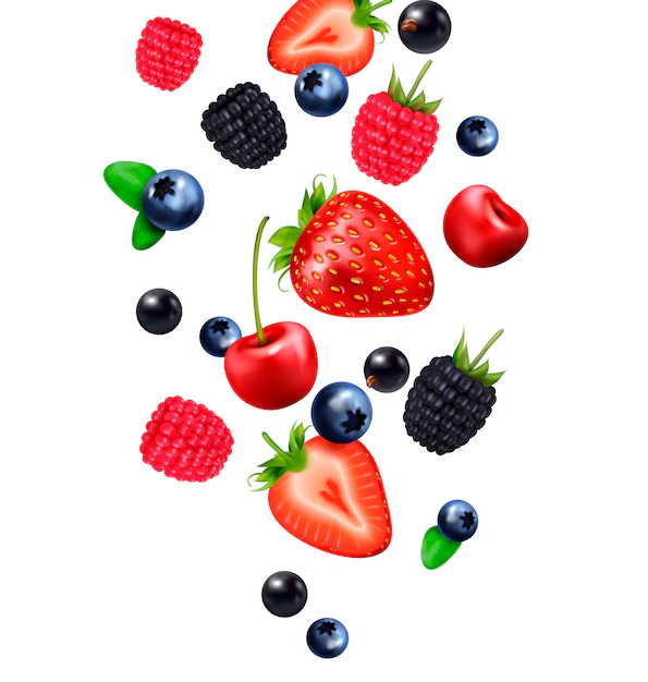 Free Vector | Falling berry fruit realistic composition with images of falling berries and strawberry slices on blank background