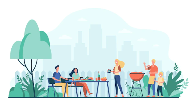 Free Vector | Family barbecue party on backyard. people grilling food in park or garden, sitting at table and eating. for cooking outside, festive dinner, summer concept