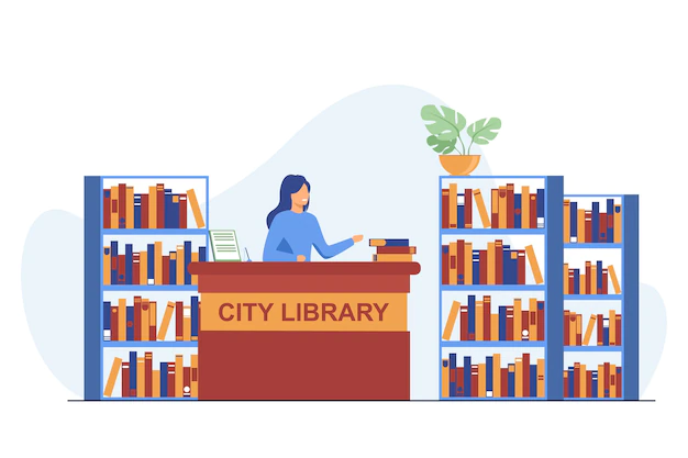 Free Vector | Female smiling librarian standing at counter. book, shelf, paper flat vector illustration. city library and knowledge