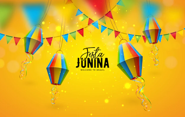 Free Vector | Festa junina illustration with party flags and paper lantern on yellow background.  brazil june festival design for greeting card, invitation or holiday poster.