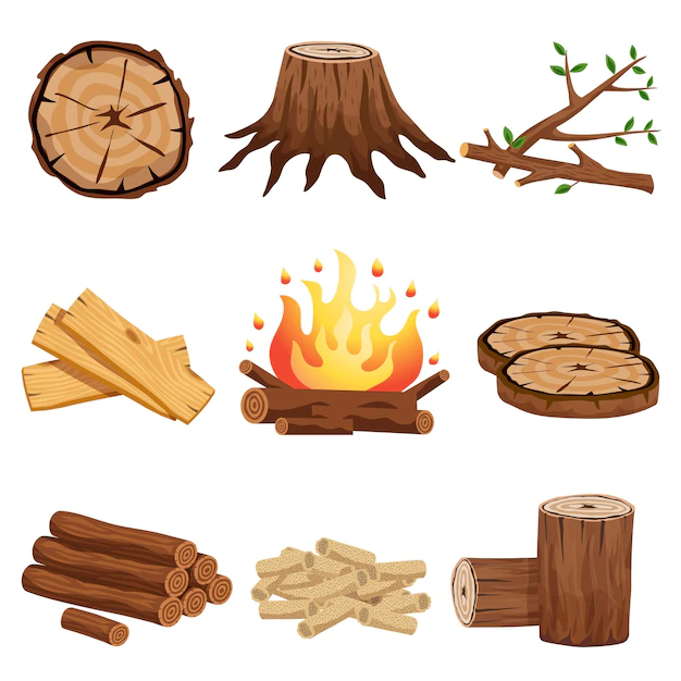 Free Vector | Firewood flat elements collection with tree stump branches cut logs circular segments planks campfire isolated