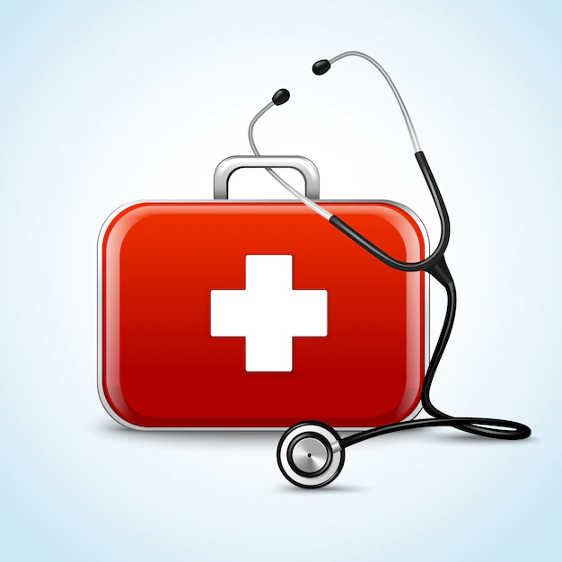 Free Vector | First aid healthcare concept with medical box and stethoscope vector illustration