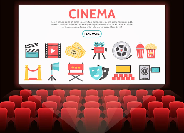 Free Vector | Flat cinema elements set with film reel tickets movie camera soda popcorn clapboard red carpet