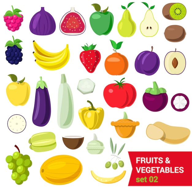 Free Vector | Flat style fancy quality set of fruit and vegetable set. berry raspberry figs apple pear kiwi blueberry plum banana tomato eggplant pepper potato olive coconut grape melon. creative food collection.
