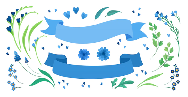 Free Vector | Flowers and empty ribbons flat  illustrations set. blooming meadow wildflowers, green leaves and hearts greeting, invitation card design elements pack. blank blue stripes isolated decorations