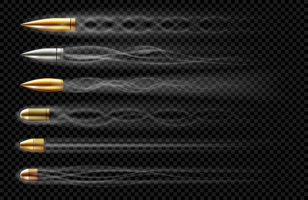 Free Vector | Flying bullets with smoke traces from gun shot. realistic set of bullets different calibers fired from weapon, revolver or pistol with smoke trail isolated on transparent background