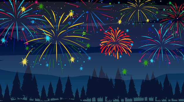 Free Vector | Forest with celebration fireworks scene