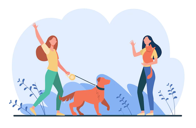 Free Vector | Friend walking with pets, meeting and waving hello. women with dog and cat outside flat illustration.