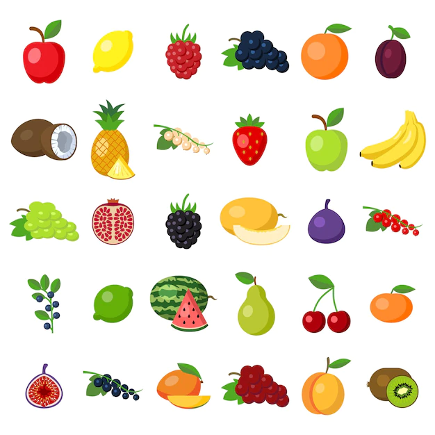 Free Vector | Fruits set on white. fruits including apple, lemon, raspberry, grape, orange, plum, coconut, pineapple, white currant, strawberry, banana, pomegranat, blackberry, melon, fig, lime, pear, cherry, kiwi.