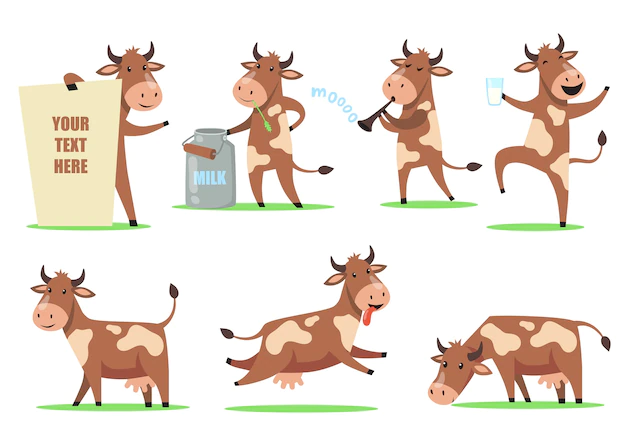 Free Vector | Funny cartoon cow set. cute smiling animal character in different action, happy cow dancing with glass of milk, chewing grass, having fun. for farm animal, dairy, humor