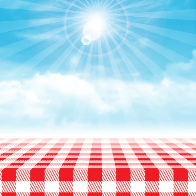Free Vector | Gingham picnic table against blue cloudy sky