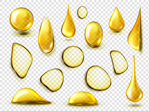 Free Vector | Golden drops and stains of oil or honey isolated on transparent background. realistic mockup of liquid gold drips of organic cosmetic or food oil, top view of clear yellow puddles