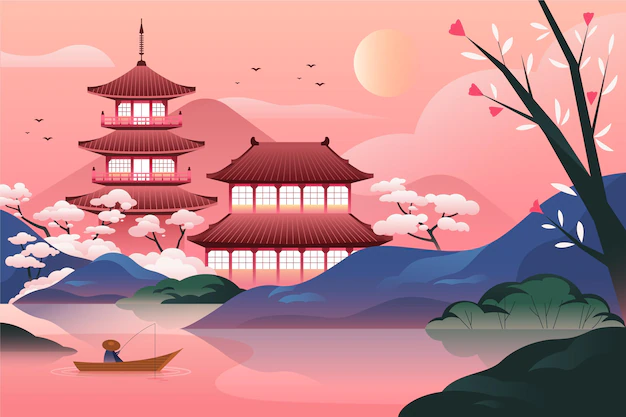 Free Vector | Gradient japanese temple with lake