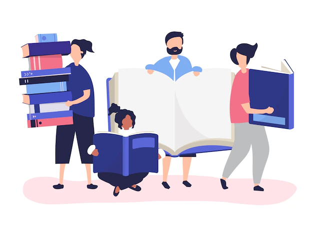 Free Vector | Group of people reading and borrowing books