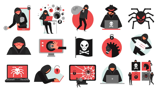 Free Vector | Hacker activity set of black red icons breaking of account malware