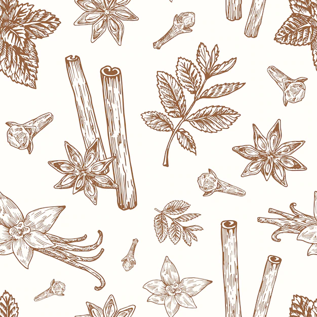 Free Vector | Hand drawn anise, mint, cinnamon, clove and vanilla vector seamless background pattern