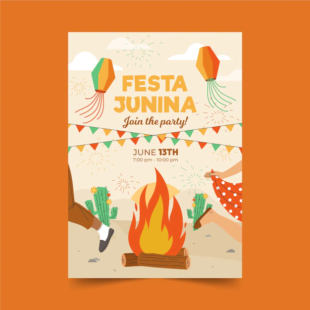 Free Vector | Hand drawn festa junina poster with campfire