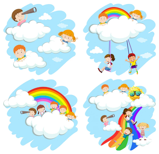 Free Vector | Happy children playing on rainbow illustration