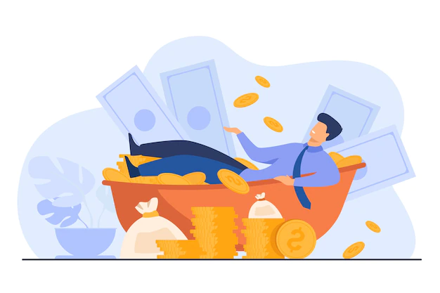 Free Vector | Happy millionaire taking bath with cash. rich man and huge heap of money. vector illustration for financial success, successful businessman, wealth concept