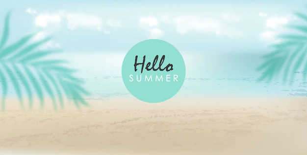 Free Vector | Hello summer banner with beach, sea and palm leaves. cloudy day with breeze