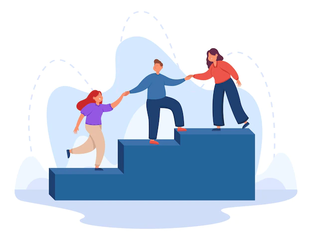 Free Vector | Help and support to climbing employee from mentor or leader hand. team of corporate people walking up ladder together flat vector illustration. success career growth, leadership, teamwork concept