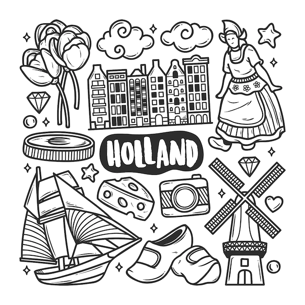 Free Vector | Holland icons hand drawn doodle coloring