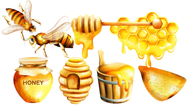 Free Vector | Honey watercolor set with jar, dipper, bees, honeycomb, house and bucket