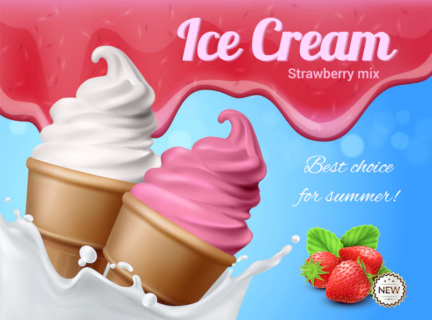 Free Vector | Ice cream realistic advertising composition with editable text and images of two icecream cornets with berries illustration