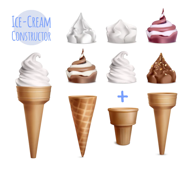 Free Vector | Ice cream realistic constructor set of various toppings with sugar cones of different shape and text illustration