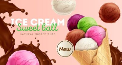 Free Vector | Ice cream sweet colorful balls with natural ingredients ad