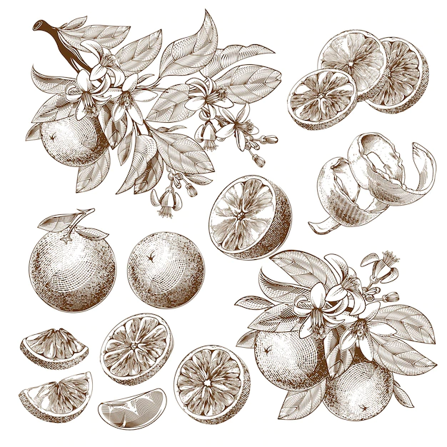 Free Vector | Illustration of orange fruit, blooming flowers, leaves and branches vintage monochrome drawing.