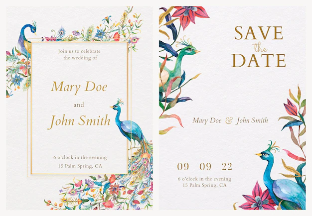 Free Vector | Invitation card templates with watercolor peacocks and flowers illustration