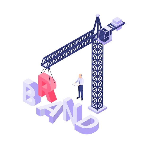Free Vector | Isometric concept with crane constructing word brand 3d  illustration