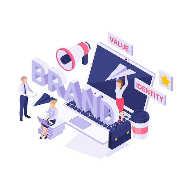 Free Vector | Isometric  with people working on new brand strategy 3d  illustration