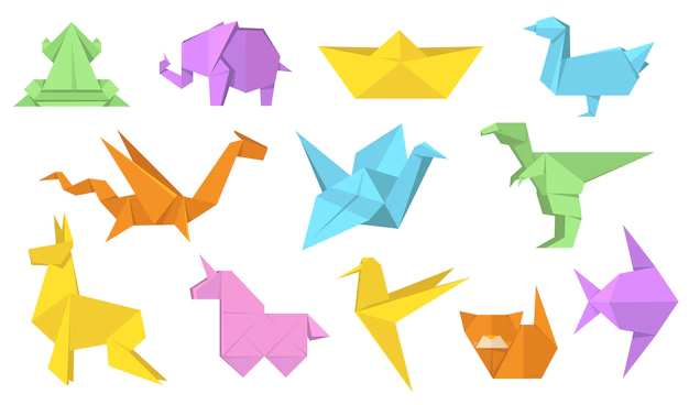 Free Vector | Japanese origami animals flat illustration set. cartoon polygon paper horse, hare, bird, frog, fish and cat isolated vector illustration collection. modern hobby and relaxation concept
