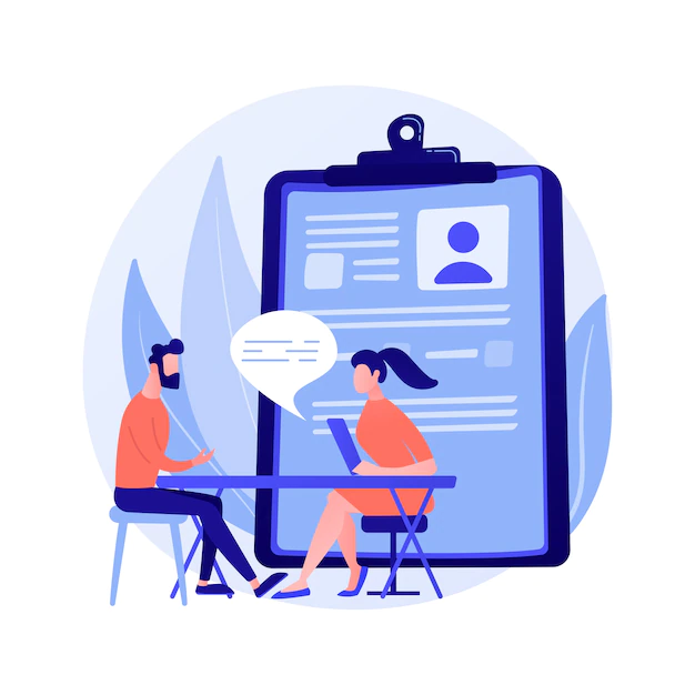 Free Vector | Job interview process. hiring new employees. hr specialist cartoon character talking to new candidatee. recruitment, employment, headhunting concept illustration