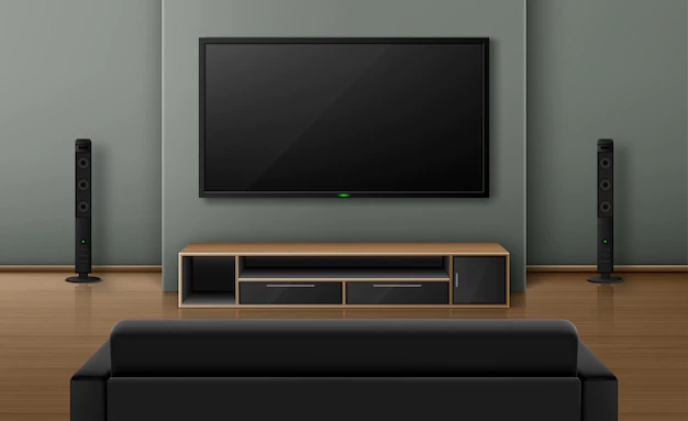 Free Vector | Living room interior with sofa back view and tv with dynamics.