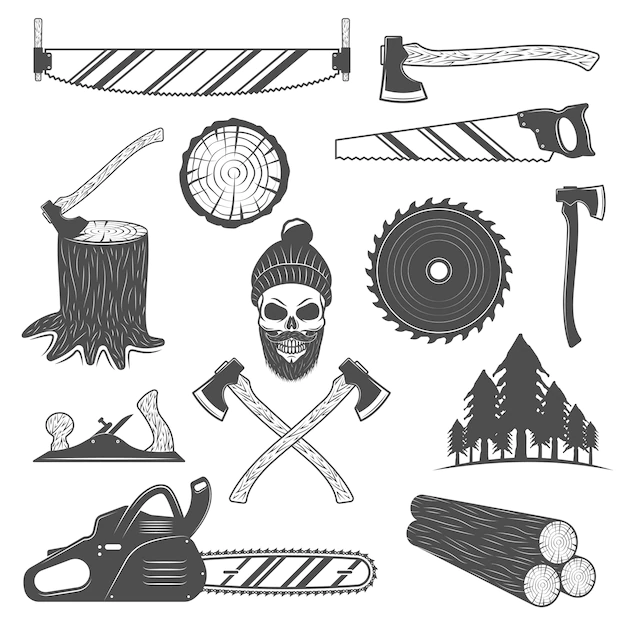 Free Vector | Lumberjack monochrome elements set with working tools round timber spruce forest