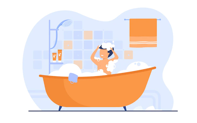 Free Vector | Man having shower or bath, sitting in bathtub with foam, washing hair. vector illustration for bathroom, body hygiene, relax, morning concept